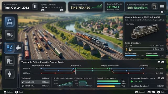 Concept mock-up of a game HUD over a rail yard and bridge scene. Not in-engine.
