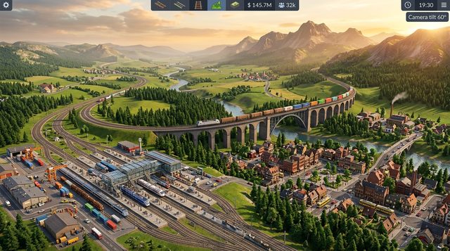 Concept art, not in-engine: sunlit valley with a stone viaduct, freight train, river, town and a large station yard