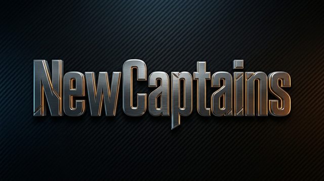 Logo concept: NewCaptains in brushed metal lettering on a carbon-fibre background