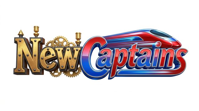 Logo concept: NewCaptains in gold gear-and-rivet lettering with a red-and-blue streamliner nose