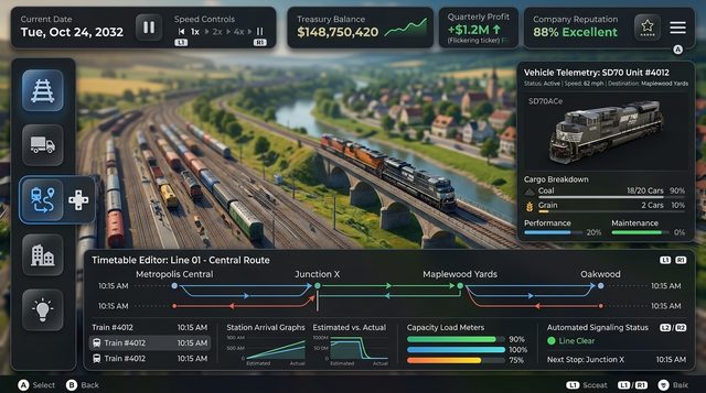 Concept art, not in-engine: interface mock-up with date and treasury bar, build menu, vehicle card and timetable editor (the in-game interface differs)