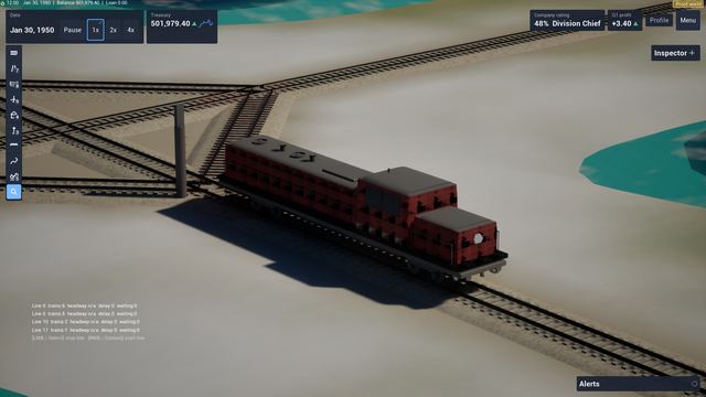 Red diesel locomotive on tracks at a crossing, with the in-game HUD around the edges.