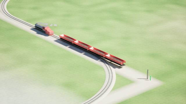 A steam locomotive hauls four red open coal wagons round a curve across grassland