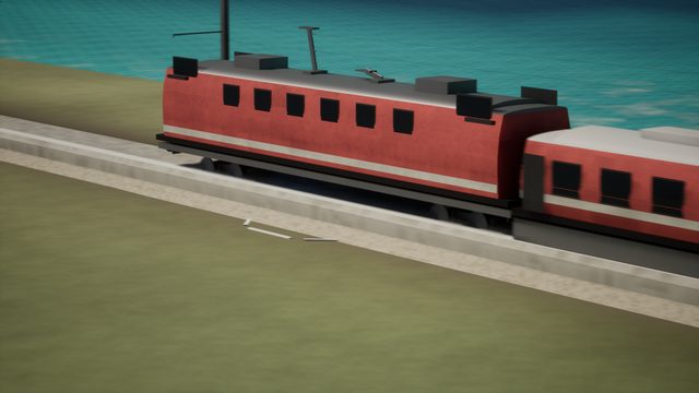 Close view of a red electric locomotive with a pantograph, hauling a passenger coach beside a bay
