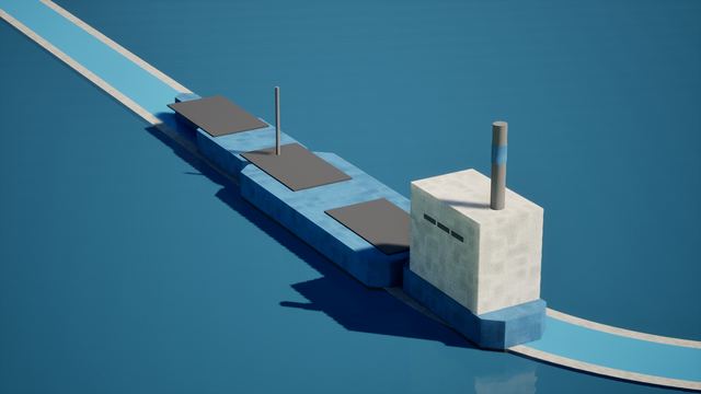 Low-poly cargo ship with white wheelhouse and chimney on blue water, close three-quarter view.