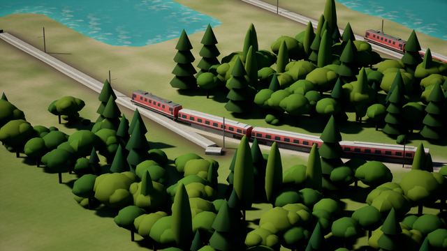 Red electric trains on catenary-lined tracks beside a forest and a lake, low-poly 3D render.