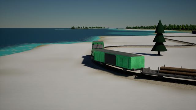 Green freight locomotive and log wagons on a curved line beside a pale beach and sea.