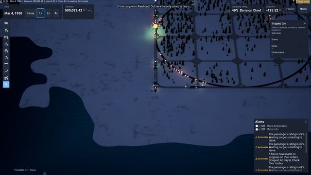 Night-time overview of a lit town grid and oval track next to dark water, with HUD panels.