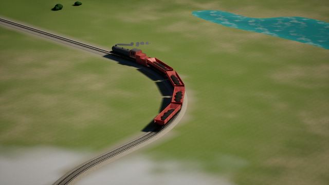 A steam locomotive hauling red coal wagons round a curve across grassland, from the NewCaptains test world