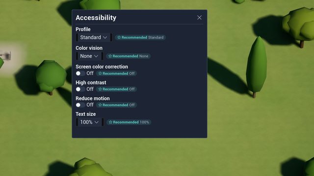 Accessibility panel over grass and trees: profile, color vision, color correction, high contrast, reduce motion, text size