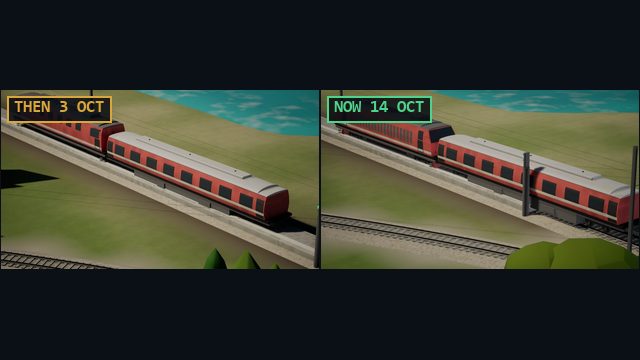 Electric train then and now: a boxy railcar on the left, a louvred locomotive with a roof pantograph on the right