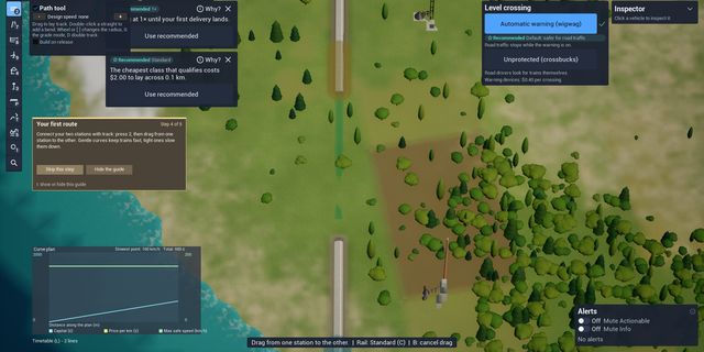 Track tool open on a forest map: path tool panel, curve plan graph, level crossing choice and the first-route guide