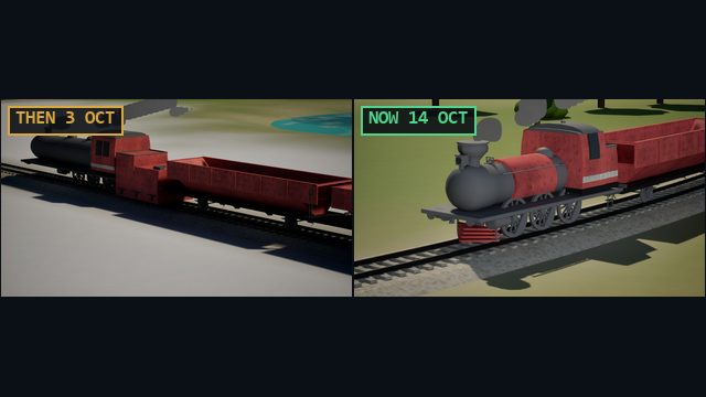 Steam engine then and now: black boiler on the left, balloon-stacked pioneer engine with spoked wheels on the right