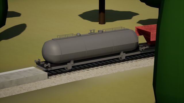 Grey tank wagon with a banded barrel, dome and walkway handrails on rails, a red wagon behind