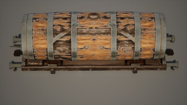 Top-down view of a wooden barrel tank wagon with grey iron bands and weathered planks