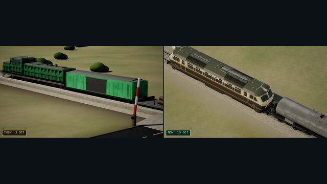 Diesel then and now: a boxy green locomotive at a crossing on the left, a cream and green locomotive on the right