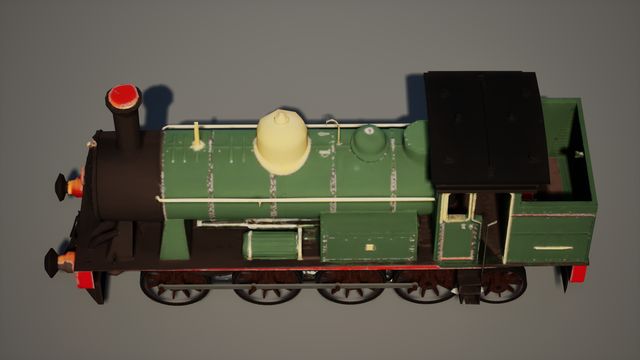Top-down view of a green steam tank engine with a black smokebox, a cream dome, red buffer beams and spoked wheels