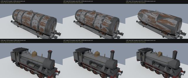 Six renders: a barrel wagon and a steam engine at full, half and quarter detail, with triangle counts above