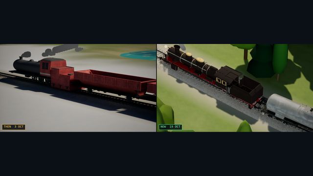 Steam engine then and now: a black boiler and red cab on the left, a black engine with gold cab windows on the right
