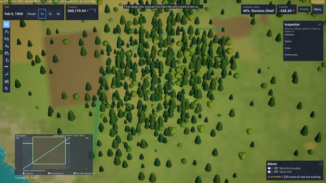 Ghost track curve over forest with a small cost and speed graph at the lower left of the screen.